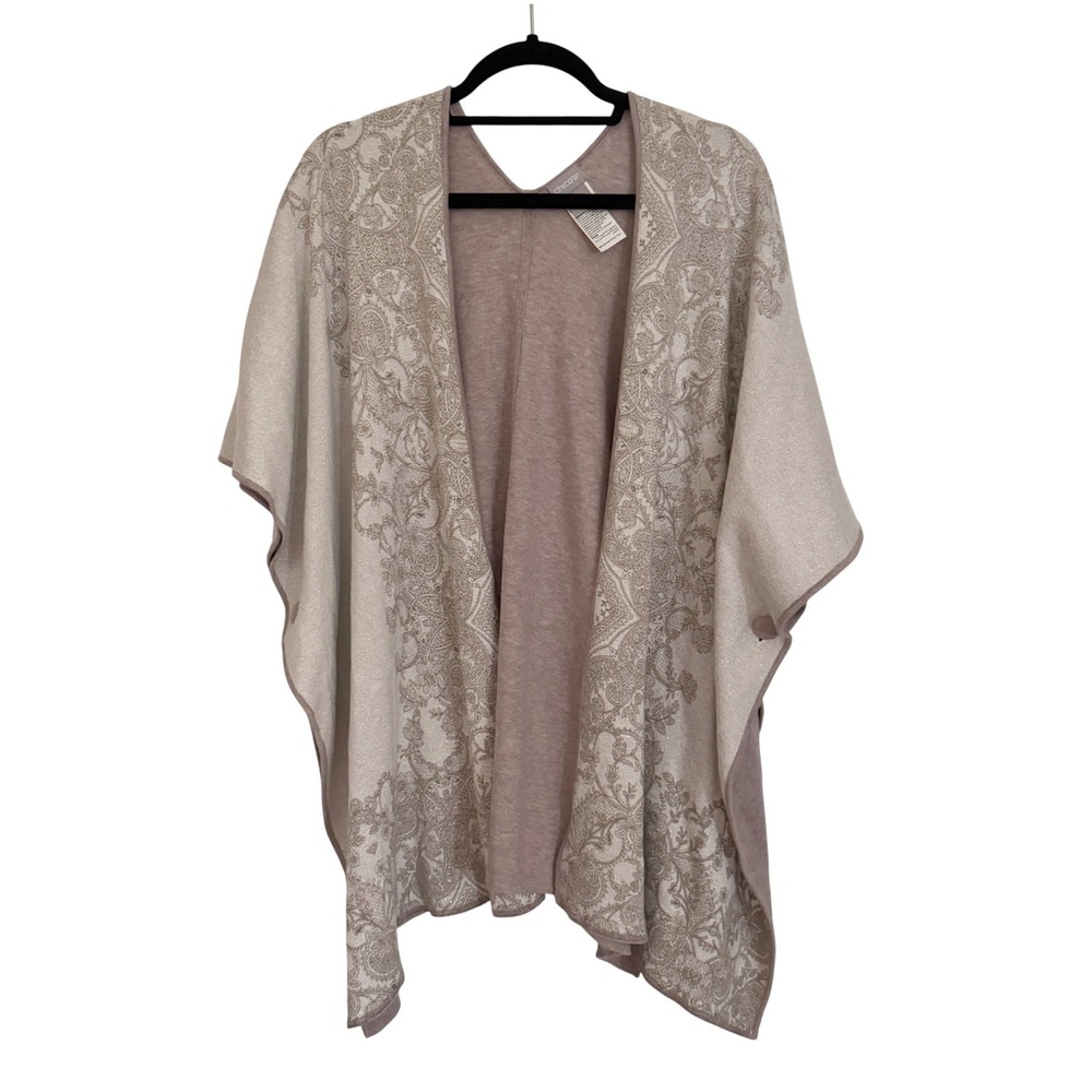 Chico's Poncho Sweater Ruana L/XL Beige Paisley Metallic Knit Open Front Wrap